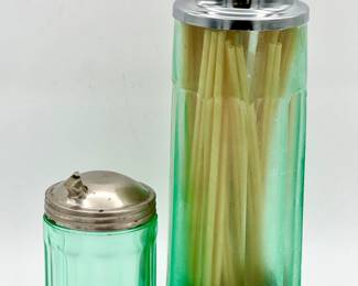 Vintage Green Glass Sugar Shaker & Straw Dispenser