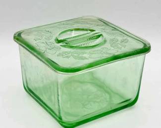 Hazel-Atlas Green Depression Glass Refrigerator Dish with Floral Lid