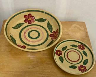 Watt Pottery Bullseye Rio Rose Serving Bowl & Plate
