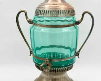 Utility Beverage Dispenser Aqua Glass and Metal Samovar – Double Handled Beverage Dispenser
