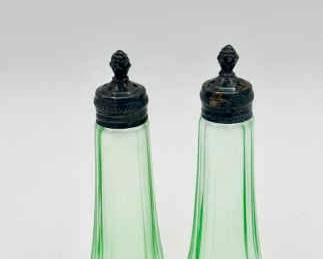 Antique Uranium Glass Salt & Pepper Shakers – Paneled Base with Ornate Finials