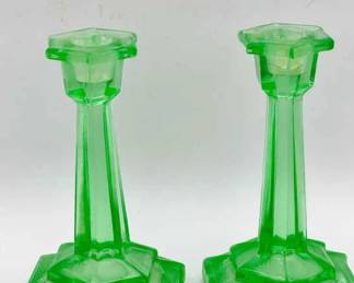 (2) Art Deco Green Uranium Glass Candlestick Holders
