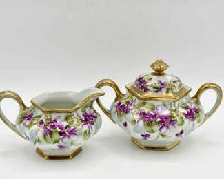 Hand-Painted Nippon Creamer & Sugar Set – Purple Violets & Gold Moriage