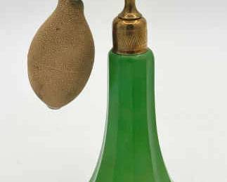 Art Deco Vintage Bohemian Green Glass Perfume Atomizer Marked “B”