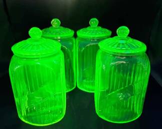 (4) Hocking Green Depression Glass Ribbed Canisters