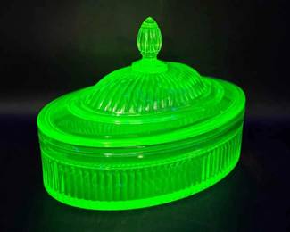 Uranium Glass Covered Candy Dish – Ribbed Pattern with Finial Lid