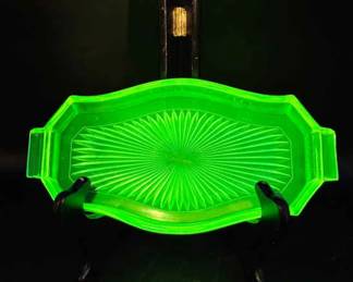 Tiffin Glass Uranium Glass Vanity Tray – Sunburst Base with Tab Handles