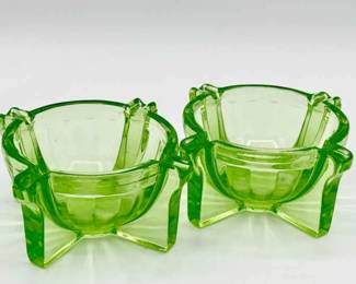 (2) Art Deco Hocking Uranium Glass Ashtrays (Imperfect)