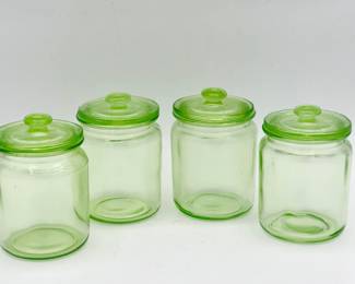 (4) Anchor Hocking Depression Uranium Glass Glass Provision Jars