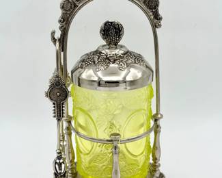Victorian Uranium Glass Pickle Castor with Silverplate Frame – Rose Pattern