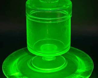 Uranium Glass Tobacco Jar with Ashtray Base