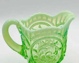 Uranium Glass Creamer – Scroll & Shell Pattern with Opalescent Rim