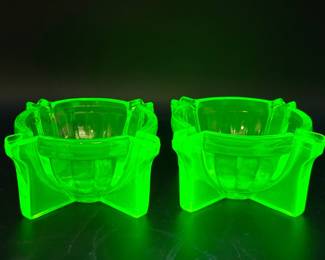 (2) Art Deco Hocking Uranium Glass Ashtrays Block Optic