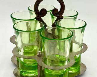 Set of 6 Uranium Glass Shot Glasses with Metal Caddy – Art Deco Era