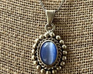 Sterling Silver and Pale Blue Cats Eye Necklace