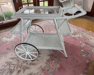 Vintage White Wicker Tea Cart
