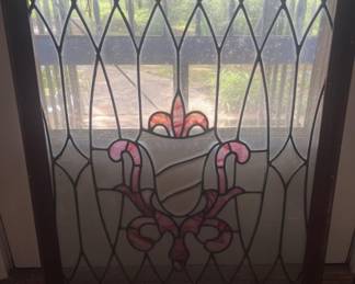 Antique Leaded Stained Glass Window in Wood Frame