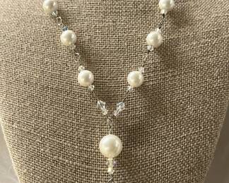 Sterling Silver Necklace / Crystals and Faux Pearls