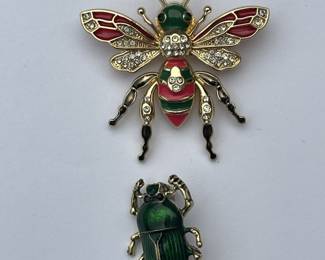Enameled Beetle Brooch and Enameled Bee Brooch