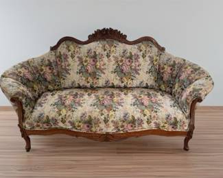 Antique Victorian Walnut Sofa w/ Floral Upholstery