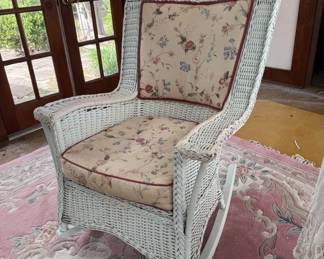 Vtg. White Wicker Rocking Chair w/ Padded Back & Seat