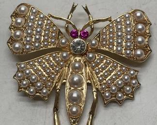Butterfly Brooch with Rhinestones and Pearls