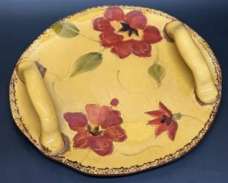 Handled Platter, Earthtones Yellow w/ Red Flower