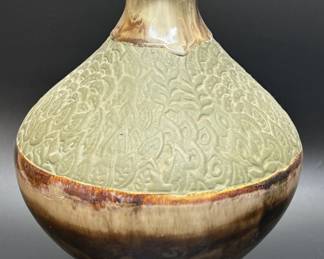 2-Tone Beige Drip Glaze & Embossed Green Vase