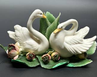 Bisque Capodimonte Swans & Fauna Centerpiece