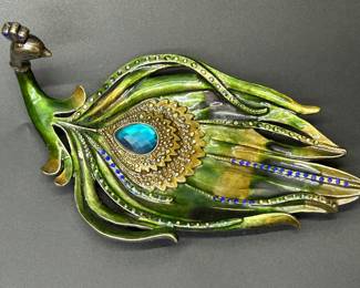 Bejeweled & Enameled Brass Peacock Trinket Dish