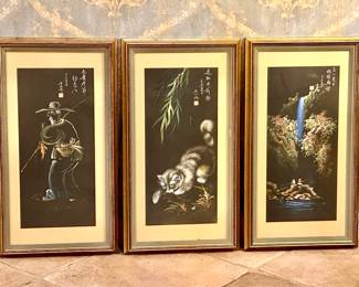 3- Asian Prints on Black Background w/ Calligraphy