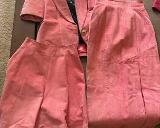 AWT097 Vintage Danier Pink Suede Blazer, Skirt, and Shorts Set