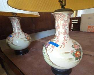 AWT009 Pair of Japanese Porcelain Lamps With Pleated Lamp Shade