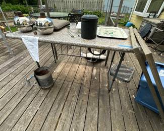 Marble top table, misc outdoor items