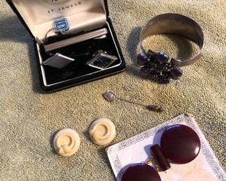 NEW: Vintage Bakelite Cape Buttons, SWANK Clock Cufflinks, Sterling Bracelet