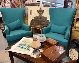 Love these turq. wingback chairs. Look at our "Sitting Scholar watching over everyone
