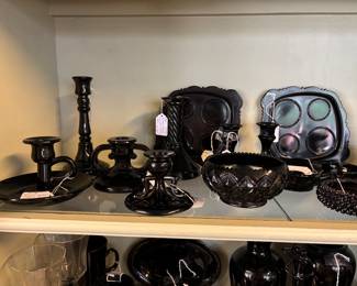 Beautiful black and black amethyst glass bowls candle holders, candle sticks, covered dishes, and more