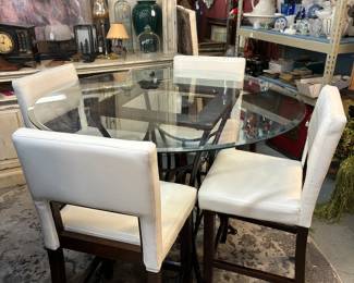 Table Glass Top with 4 white leather stools