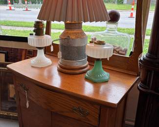 Nice Oak Wash Stand with Towel Bar. Aladdin Lamp Fonts. Primitive Milk Can Lamp with pleated shade