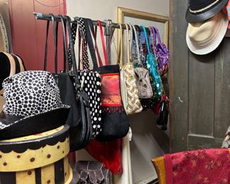 Purses, bags and hats of all kinds. Some Coach, Beijo styles. Vera Bradly totes, clutches etc