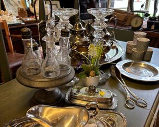 Silver trays, gravy bots, butter dish with cover, coffee/tea set, cruet set, tongs etc.