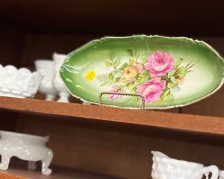 Milk glass and transfer decorated dish