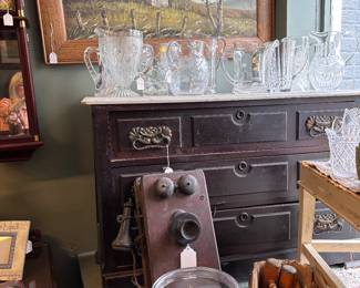 Beautiful Mahogany dresser with marble top and original hardware. Wonderful collection of clear glass pressed pitchers. Great Acrylic Framed Barn Picture, Vintage croquet set, Kellogg wall ringer phone ( all in tact...could not make bell ring)