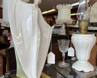 Art Deco Elegant Lady. Beautiful white base oil lamp