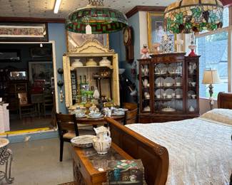 Beautiful Country French Wardrobe. 2 stained glass pendants - excellent condition except one on left shows wear and needs repaired
