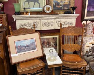 Vientte of Mantel, framed artwork, Marble smoking stand, 2 pressed back chairs, Jadite Lamp