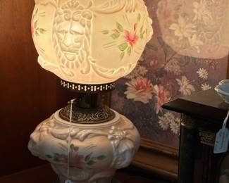 . Lion Double Globe Lamp. Milk Glass Covered dish