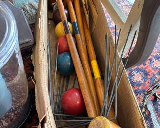 Vintage Croquet Set, wires, mallets, stakes and balls. Original box