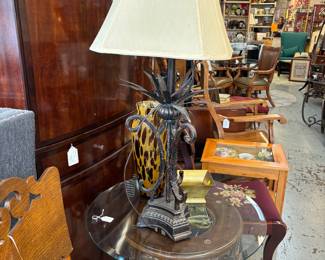 Frond Metal Lamp (2). Art Nouveau burnished glass top end table (2)
