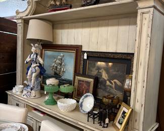 Beautiful Hooker Cabinet. Would make a wonderful library. French Provincial Blue and White Lamp. "Spirit" Horse Print. Ship at Sail framed print